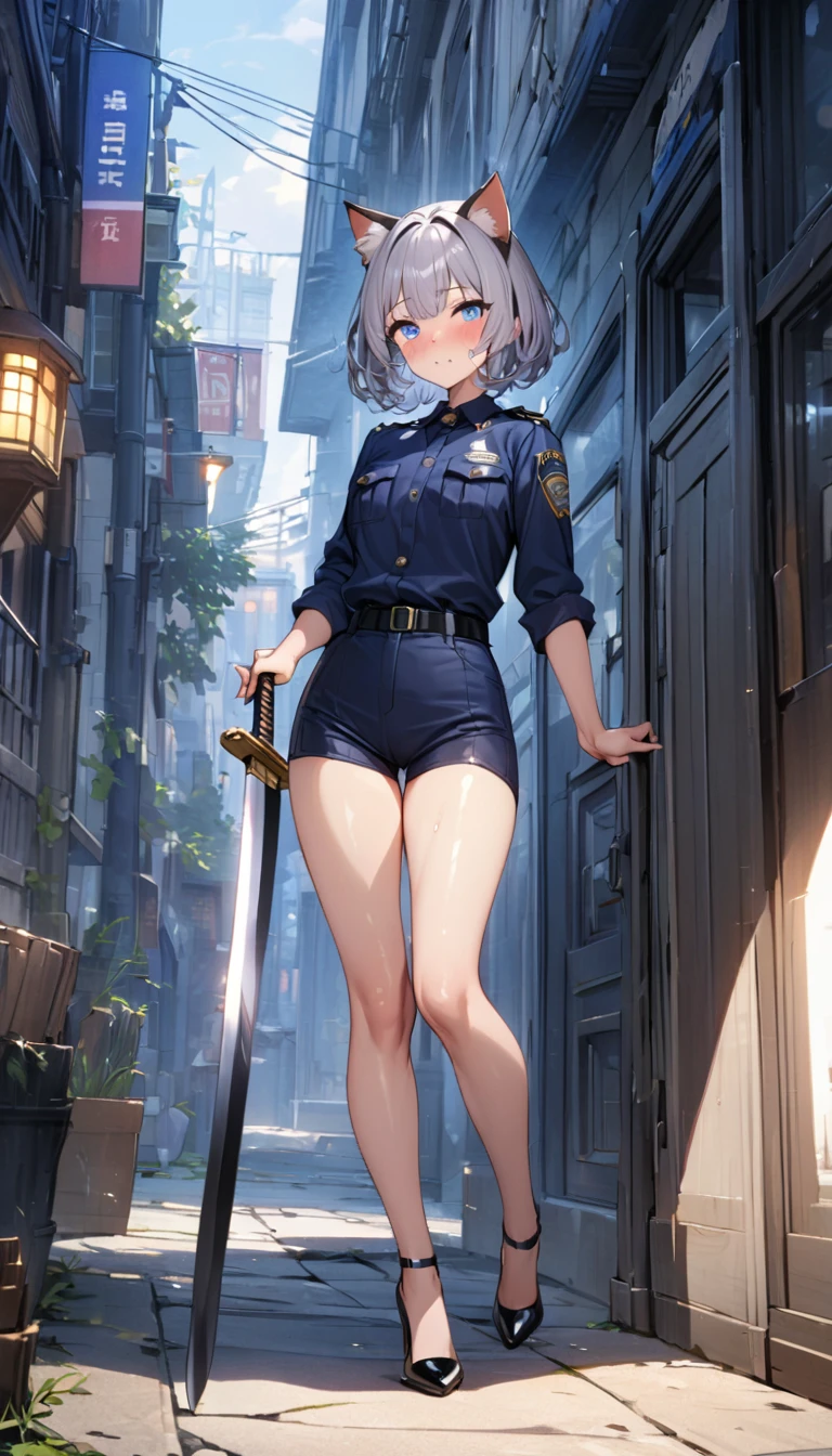 1girl、(((best quality)), ((masterpiece)), (details), masterpiece, best quality, high quality, ulutra detailed, perfect face, ((1girl, Blue eyes, cat ears: 1.3 silver bob hair: 2.5,)) 、Shiny Hair、Glowing Skin、blush、Lustful look、whole body、Police Officer Costume、Police officer shorts、Black stiletto heels、Embarrassed smile、Holding a Japan sword with both hands、police box、Police Station Background、whole body