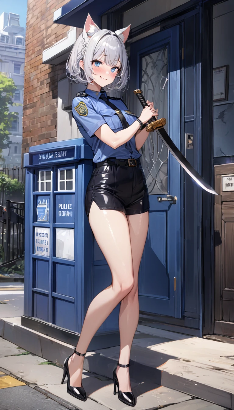 1girl、(((best quality)), ((masterpiece)), (details), masterpiece, best quality, high quality, ulutra detailed, perfect face, ((1girl, Blue eyes, cat ears: 1.3 silver bob hair: 2.5,)) 、Shiny Hair、Glowing Skin、blush、Lustful look、whole body、Police Officer Costume、Police officer shorts、Black stiletto heels、Embarrassed smile、Holding a Japan sword with both hands、police box、Police Station Background、whole body