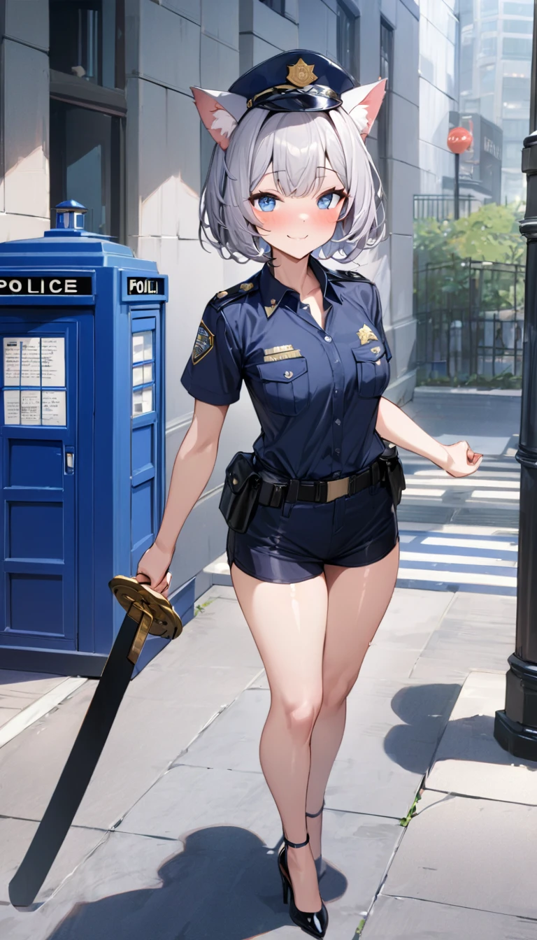 1girl、(((best quality)), ((masterpiece)), (details), masterpiece, best quality, high quality, ulutra detailed, perfect face, ((1girl, Blue eyes, cat ears: 1.3 silver bob hair: 2.5,)) 、Shiny Hair、Glowing Skin、blush、Lustful look、whole body、Police Officer Costume、Police officer shorts、Black stiletto heels、Embarrassed smile、Holding a Japan sword with both hands、police box、Police Station Background、whole body