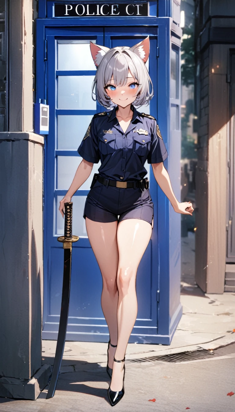 1girl、(((best quality)), ((masterpiece)), (details), masterpiece, best quality, high quality, ulutra detailed, perfect face, ((1girl, Blue eyes, cat ears: 1.3 silver bob hair: 2.5,)) 、Shiny Hair、Glowing Skin、blush、Lustful look、whole body、Police Officer Costume、Police officer shorts、Black stiletto heels、Embarrassed smile、Holding a Japan sword with both hands、police box、Police Station Background、whole body