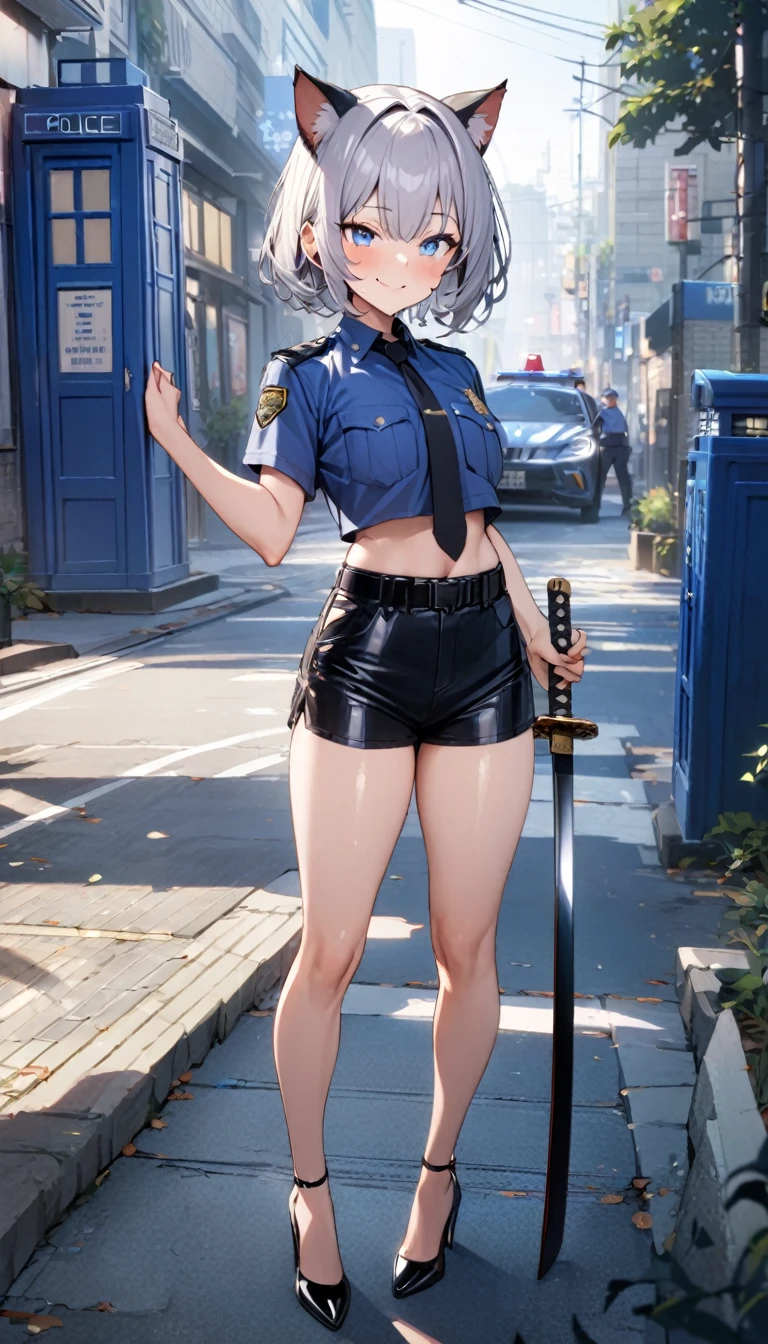 1girl、(((best quality)), ((masterpiece)), (details), masterpiece, best quality, high quality, ulutra detailed, perfect face, ((1girl, Blue eyes, cat ears: 1.3 silver bob hair: 2.5,)) 、Shiny Hair、Glowing Skin、blush、Lustful look、whole body、Police Officer Costume、Police officer shorts、Black stiletto heels、Embarrassed smile、Holding a Japan sword with both hands、police box、Police Station Background、whole body