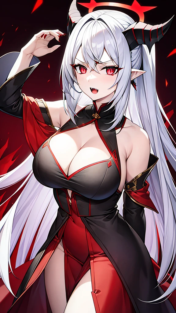 masterpiece, high quality, 4K, HDR, displaying an unsatisfied expression with an open mouth, sharp jagged fangs, narrowed eyes, and red irises. She has pale white skin, silver hair with a trimmed fringe, and an intake hairstyle. Above her head is a black halo, and large black wings protrude from her back. She also has sharp, pointed ears and a pair of red-black horns on her head. BREAK Half-naked adult woman, visible nipples and areolas BREAK Unsatisfied expression, open mouth, sharp jagged fangs BREAK Narrowed eyes, red irises, pale white skin, silver hair with trimmed fringe, intake hairstyle BREAK Black halo above head, large black wings on back, sharp pointed ears, red-black horns