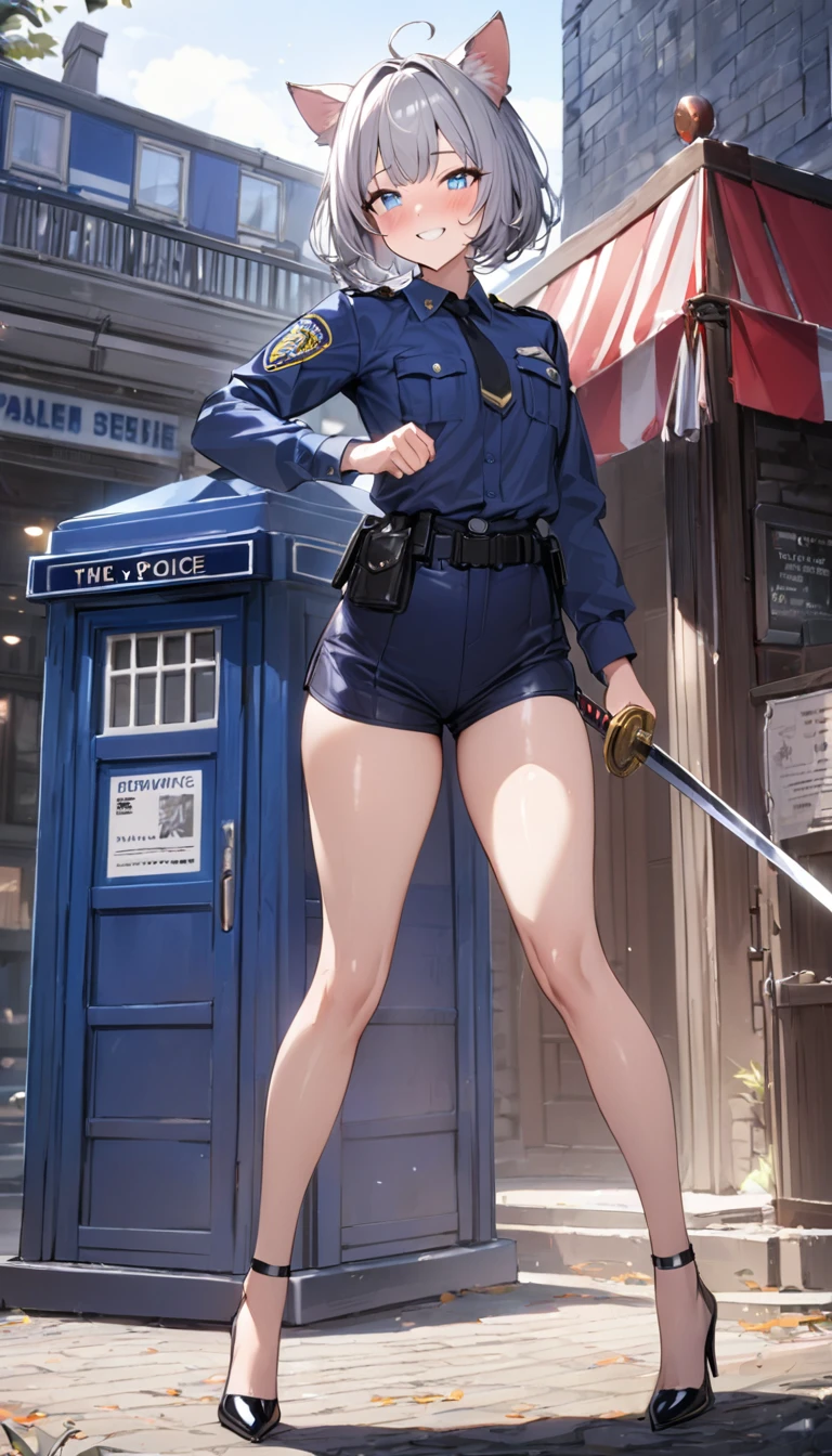 1girl、(((best quality)), ((masterpiece)), (details), masterpiece, best quality, high quality, ulutra detailed, perfect face, ((1girl, Blue eyes, cat ears: 1.3 silver bob hair: 2.5,)) 、Shiny Hair、Glowing Skin、blush、Lustful look、whole body、Police Officer Costume、Police officer shorts、Black stiletto heels、Embarrassed smile、Holding a Japan sword with both hands、police box、Police Station Background、whole body