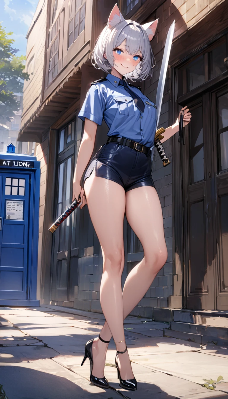 1girl、(((best quality)), ((masterpiece)), (details), masterpiece, best quality, high quality, ulutra detailed, perfect face, ((1girl, Blue eyes, cat ears: 1.3 silver bob hair: 2.5,)) 、Shiny Hair、Glowing Skin、blush、Lustful look、whole body、Police Officer Costume、Police officer shorts、Black stiletto heels、Embarrassed smile、Holding a Japan sword with both hands、police box、Police Station Background、whole body