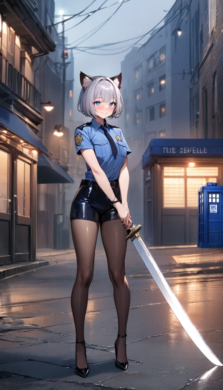 1girl、(((best quality)), ((masterpiece)), (details), masterpiece, best quality, high quality, ulutra detailed, perfect face, ((1girl, Blue eyes, cat ears: 1.3 silver bob hair: 2.5,)) 、Shiny Hair、Glowing Skin、blush、Lustful look、whole body、Police Officer Costume、Police officer shorts、Black stiletto heels、Embarrassed smile、Holding a Japan sword with both hands、police box、Police Station Background、whole body