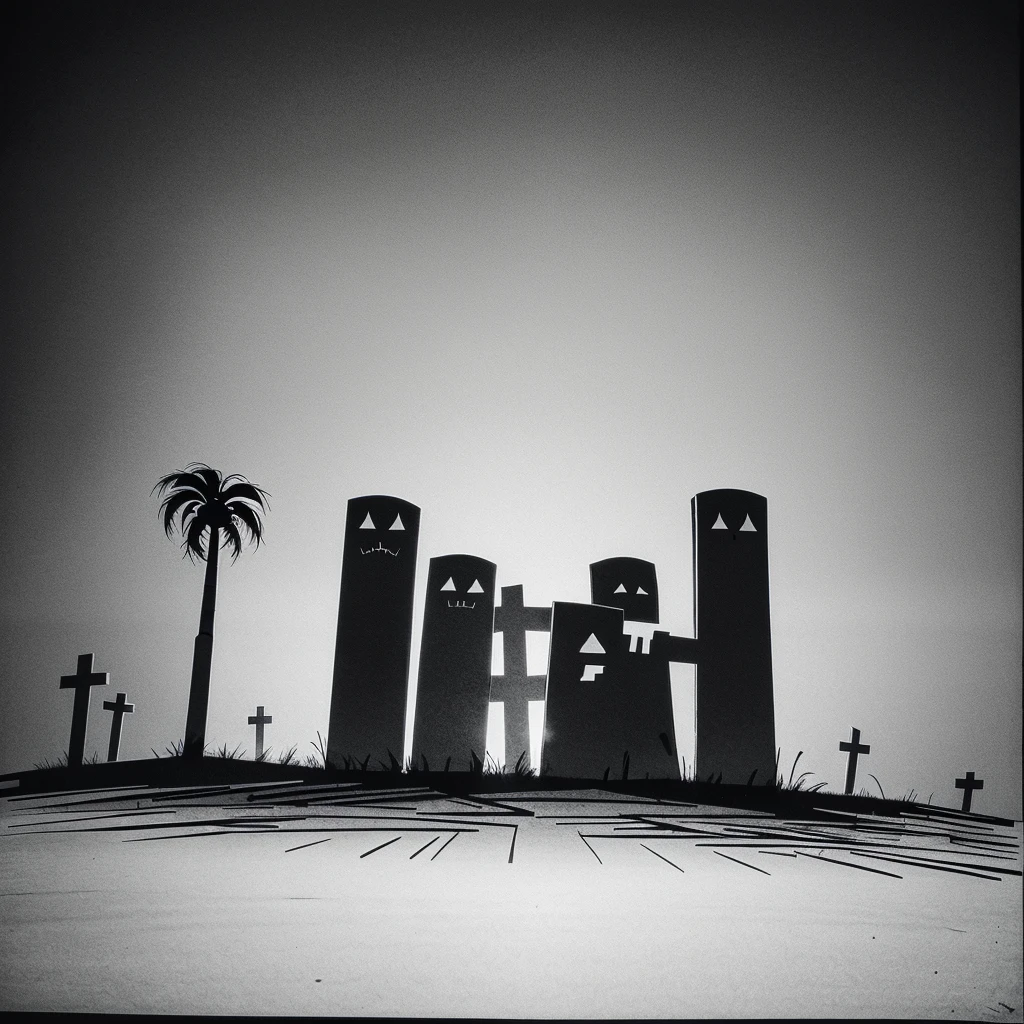 1980s cartoon dark scary horror simple cartoon black and white outline sketch illustration full cartoon tombstone background