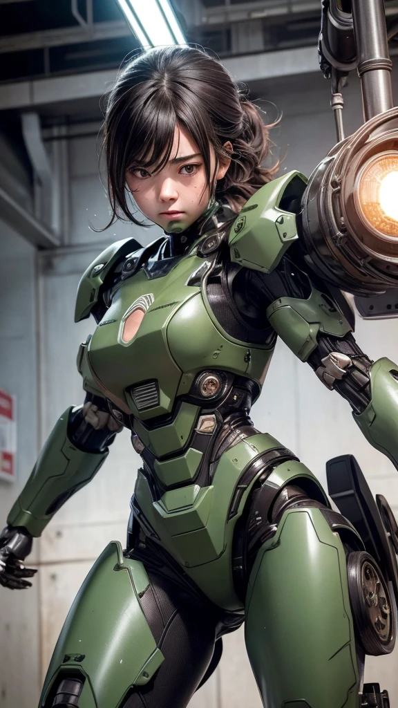 Textured skin, Super Detail, Attention to detail, high quality, 最high quality, High resolution, 1080P, hard disk, beautiful,(War Machine),beautifulサイボーグ女性,Dark Green Mecha Cyborg Girl,battle,Girl with a mechanical body,、Plain junior high school girl　、Sweaty brown eyes、Sweaty face、Expressions of distress　blush　cute　Black-haired　((Steam coming out of the head)) (Steam coming out of the whole body)Glasses　Embarrassing　Hiding the body　Spread your legs　M foot opening　Lying in bed　(Shyness)