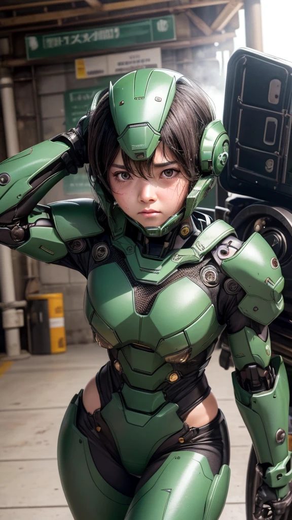 Textured skin, Super Detail, Attention to detail, high quality, 最high quality, High resolution, 1080P, hard disk, beautiful,(War Machine),beautifulサイボーグ女性,Dark Green Mecha Cyborg Girl,battle,Girl with a mechanical body,、Plain junior high school girl　、Sweaty brown eyes、Sweaty face、Expressions of distress　blush　cute　Black-haired　((Steam coming out of the head)) (Steam coming out of the whole body)Glasses　Embarrassing　Hiding the body　Spread your legs　M foot opening　Lying in bed　(Shyness)