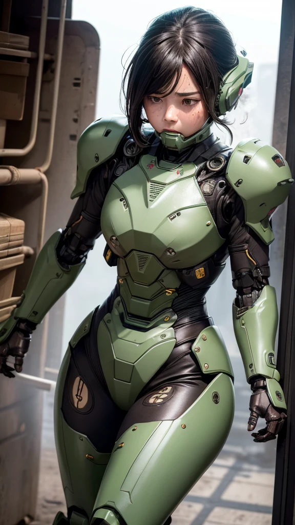 Textured skin, Super Detail, Attention to detail, high quality, 最high quality, High resolution, 1080P, hard disk, beautiful,(War Machine),beautifulサイボーグ女性,Dark Green Mecha Cyborg Girl,battle,Girl with a mechanical body,、Plain junior high school girl　、Sweaty brown eyes、Sweaty face、Expressions of distress　blush　cute　Black-haired　((Steam coming out of the head)) (Steam coming out of the whole body)Glasses　Embarrassing　Hiding the body　Spread your legs　M foot opening　Lying in bed　(Shyness)