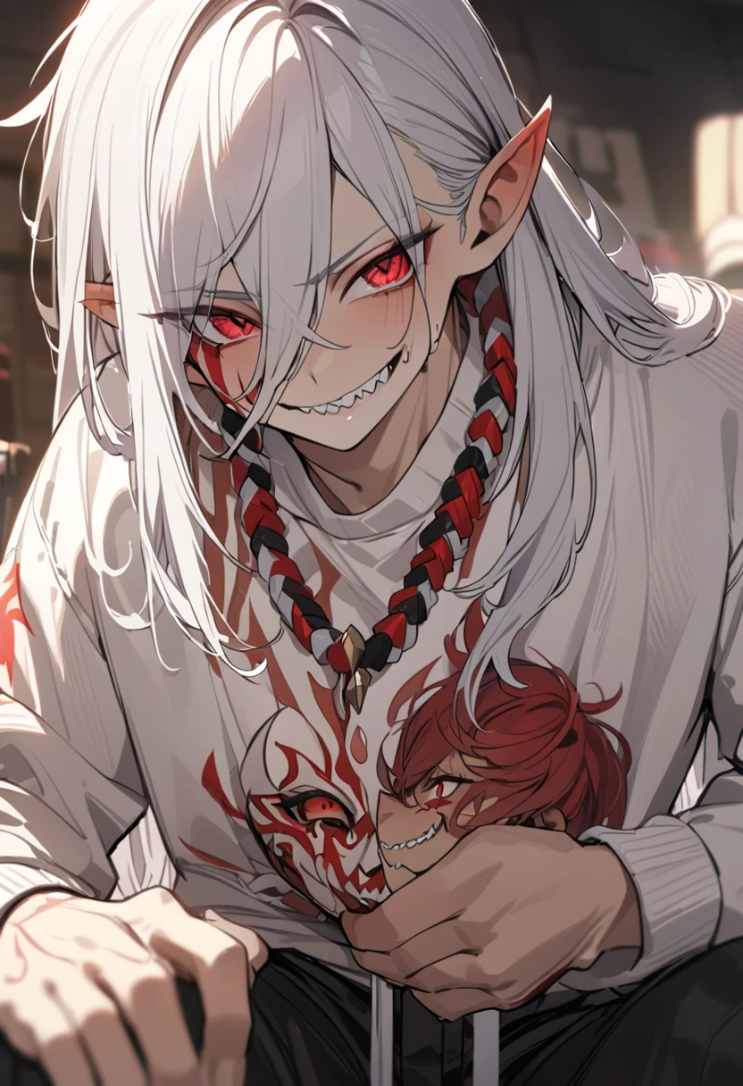 boy, white hair, long straight hair, red eyes, wild smile, sharp teeth, pointed ears, beige skin, white sweater, black cargo pants, red tribal tattoos, facial red tattoo, feather necklace, high quality, high details, 4K, anatomically correct