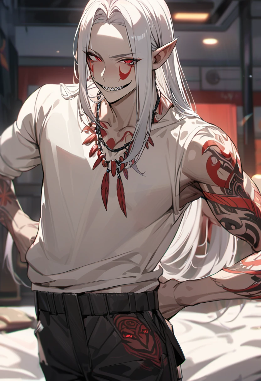 boy, white hair, long straight hair, red eyes, wild smile, sharp teeth, pointed ears, beige skin, white sweater, black cargo pants, red tribal tattoos, facial red tattoo, feather necklace, high quality, high details, 4K, anatomically correct