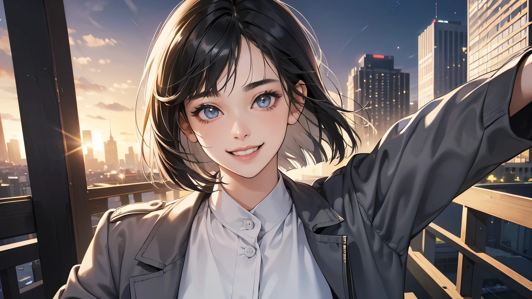 (perfect anatomy:1.2)(absurdres, highres, ultra detailed),masterpiece,best quality,high resolution,8k,Realistic face,Realistic skin texture,magnified textures, stunning clarity,detailed anime girl,(ultra detailed eyes and face),(1 girl:1.5)21years old,she is office worker,,smile:1.2,black hair, bob cut,natural make,grey jacket,grey pants,black brouse,sparkling eyes.small nose,roundface,just left the office when it was time to leave,night,bussines district,she is walking,(looks happy:1.5),feeling freedom,(smile:1.5),look at viewer