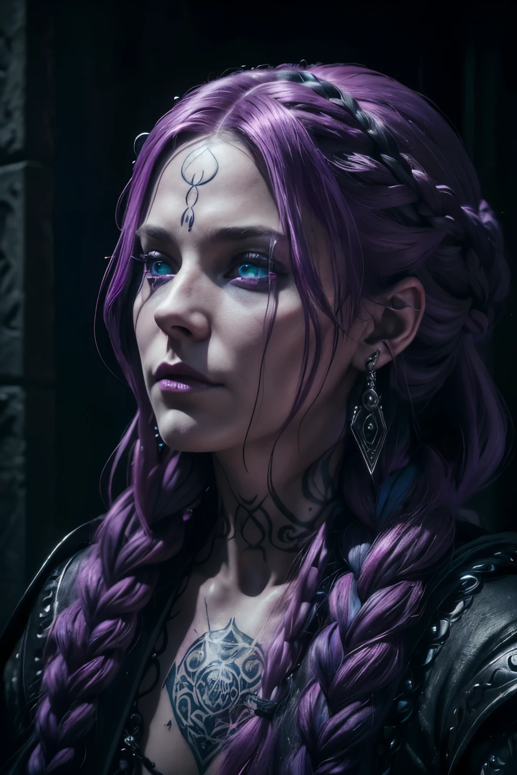 a dark soul witch, woman with long braided hair, purple and pink hair, piercing blue eyes, runes tattoos, (best quality,4k,8k,highres,masterpiece:1.2),ultra-detailed,(realistic,photorealistic,photo-realistic:1.37),intricate detailed portrait, dark fantasy, dramatic lighting, moody atmosphere, cinematic composition