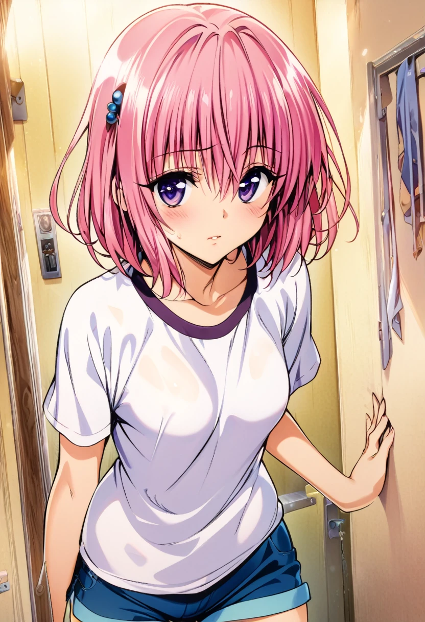 masterpiece, highest quality, Detailed face, Beautiful and detailed eyes, Beautiful Face, Perfect body, Official Art, grand plix award illustration, Professional Lighting,One girl, momo beria deviluke,pink short hair,purple eyes,hair accessory,shirt,shorts,room,Style of Yabuki Kentaro, To Love-Ru art style,