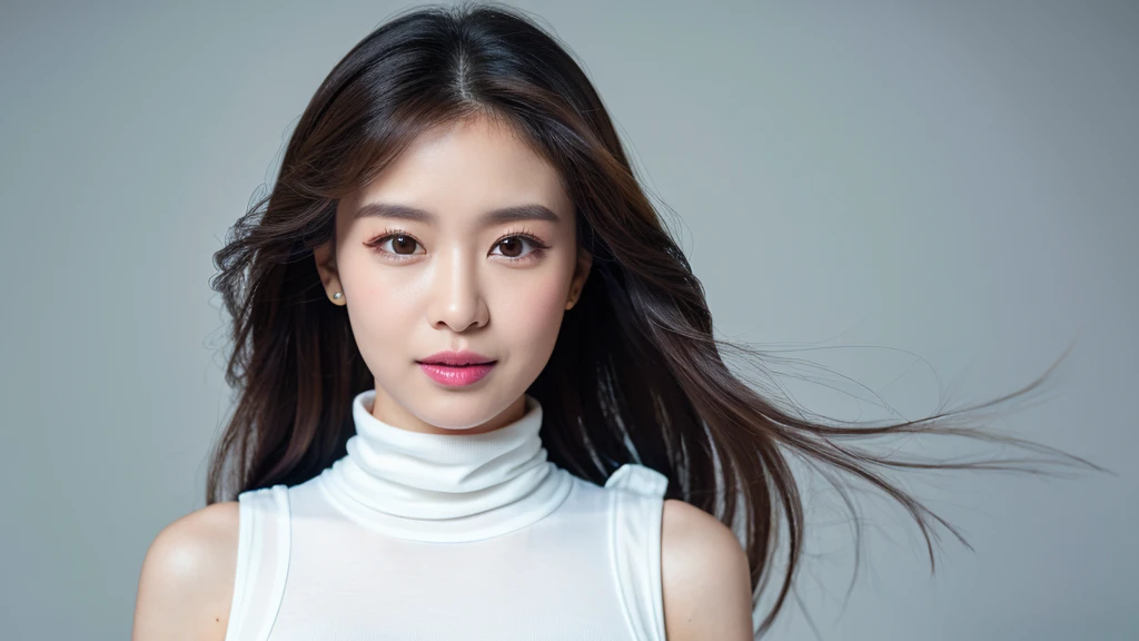 ((Detailed face)),vivid,cute,A silky white outfit with a turtleneck and sleeveless top,4K,Ultra-high resolution,（Photorealistic：1.7）,Gray background,Long black hair,