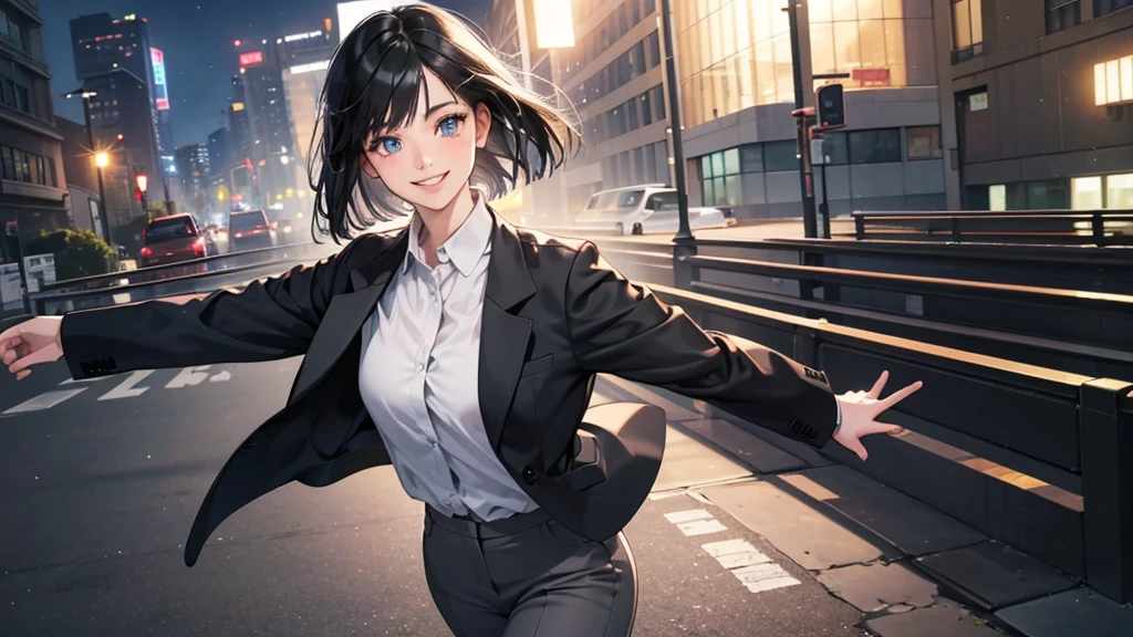 (perfect anatomy:1.2)(absurdres, highres, ultra detailed),masterpiece,best quality,high resolution,8k,Realistic face,Realistic skin texture,magnified textures, stunning clarity,detailed anime girl,(ultra detailed eyes and face),(1 girl:1.5)21years old,she is office worker,,smile:1.2,black hair, bob cut,natural make,grey jacket,grey pants,black brouse,sparkling eyes.small nose,roundface,just left the office when it was time to leave,night,bussines district,she is walking,(looks happy:1.5),feeling freedom,(smile:1.5),look at viewer