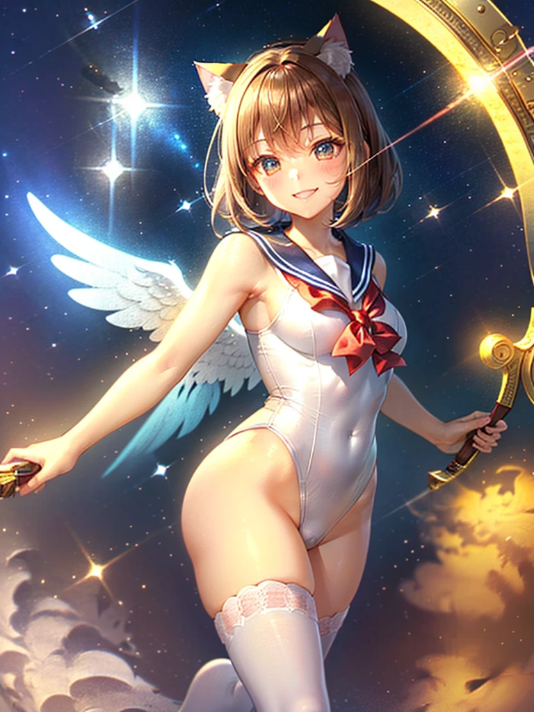 Highest quality,Highest Resolution,Masterpiece,(((A beautiful girl in a sailor leotard with a smile on her face))),High leg,Frills,White knee-high stockings,,Red tie,(((Cat ear))),(((Halation))),Brown hair short bob,(((Elaborate:archery))),White angel wings on the back,universe,Milky Way,Meteor,dark,Bow of Light,whole body,Bow of Light,A distant view,Side view,(((Draw the bow))),Halo,弓を引いている,