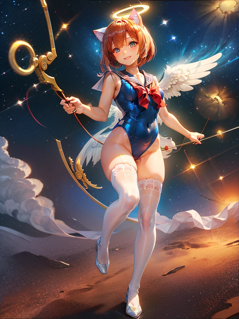 Highest quality,Highest Resolution,Masterpiece,(((A beautiful girl in a sailor leotard with a smile on her face))),High leg,Frills,White knee-high stockings,,Red tie,(((Cat ear))),(((Halation))),Brown hair short bob,(((Elaborate:archery))),White angel wings on the back,universe,Milky Way,Meteor,dark,Bow of Light,whole body,Bow of Light,A distant view,Side view,(((Draw the bow))),Halo,弓を引いている,