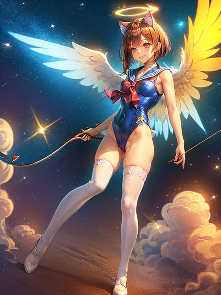 Highest quality,Highest Resolution,Masterpiece,(((A beautiful girl in a sailor leotard with a smile on her face))),High leg,Frills,White knee-high stockings,,Red tie,(((Cat ear))),(((Halation))),Brown hair short bob,(((Elaborate:archery))),White angel wings on the back,universe,Milky Way,Meteor,dark,Bow of Light,whole body,Bow of Light,A distant view,Side view,(((Draw the bow))),Halo,弓を引いている,