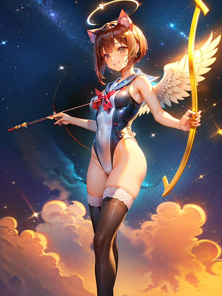 Highest quality,Highest Resolution,Masterpiece,(((A beautiful girl in a sailor leotard with a smile on her face))),High leg,Frills,White knee-high stockings,,Red tie,(((Cat ear))),(((Halation))),Brown hair short bob,(((Elaborate:archery))),White angel wings on the back,universe,Milky Way,Meteor,dark,Bow of Light,whole body,Bow of Light,A distant view,Side view,(((Draw the bow))),Halo,弓を引いている,