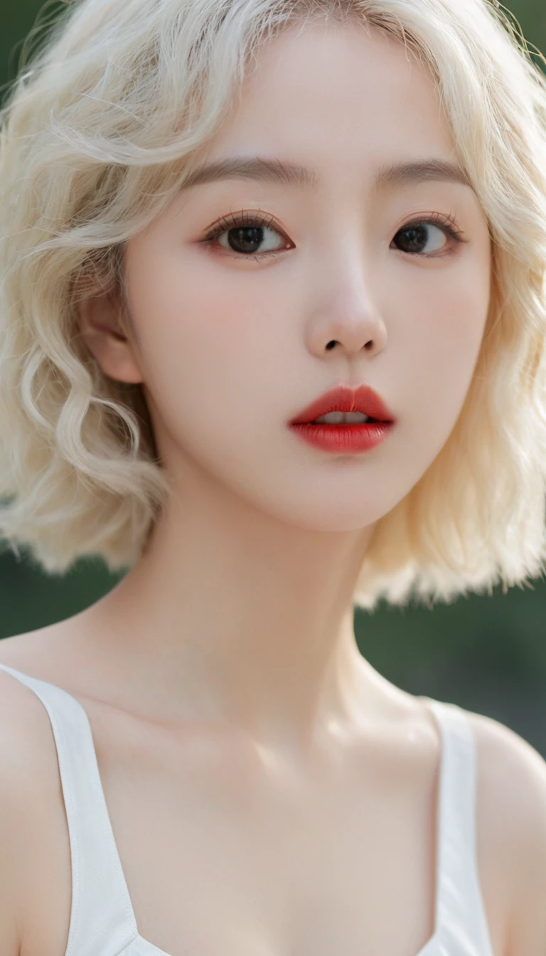 (Surrealism), (illustration), (high resolution), (8K), (Extremely detailed), (best illustration), (美丽而精致的Eye), (best quality), (Very detailed), (masterpiece), ( wallpaper), (Delicate face), solitary, 1 girl, White curly hair, Korean, Heterochromic Eyes, Eye下面有一颗小痣,, Large Breasts, Long legs, Tight abdominal muscles,Dynamic poses, High school girl,Gravure printing, Sexy, Perfect composition, ((Realistic perfect circle deep black super ridiculous details_Eye: 1.3, Extreme quality and resolution)), (Pale), ((Ultra-realistic sharp Eye, Obvious absurd quality, Not blurry,)), ((Fine pupils:1.4)), (Perfect makeup:1.35), ((Ultra-detailed symmetrical lips:1.3)), ((V-shaped jaw)), (Light glossy red_Lipstick:1.35), (Extremely detailed, Beautiful little nose:1.2), (Perfect composition), ((Pale skin:1.28)), ((Dry skin)), (flat chest), (Slim lower body), (Short hair handsome:1.37),full-body shot