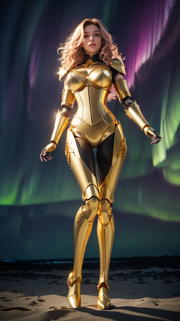Best quality, Masterpiece, (((1girl))), extremely beautiful, makeups, (robotic arms:1.3), (robotic legs:1.3), ((gold legs armor:1.4)), (gold metalic corset), shinny armor, ((pink wavy hair)), hair blown by strong winds, tight black latex panties, tight black latex bra, (((full body))), posing in the middle, symmetrical pose, ((from below)), ((thighs gap)), ultra realistic, ultra details, volumetric lights, at night, ((beach)), starry skies, shooting stars, ((aurora borealis)), octane rendering, backlight, high texture details,