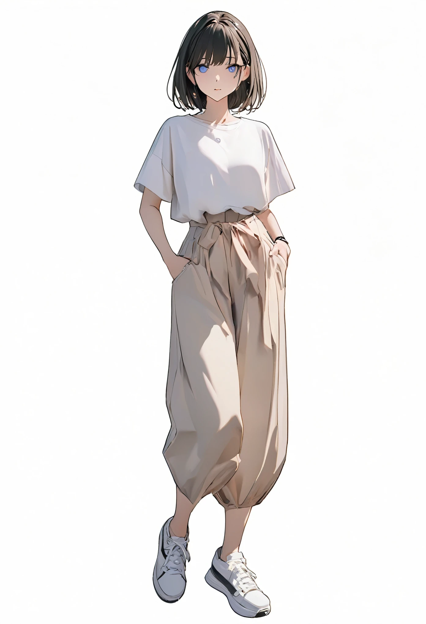 (Best, highest quality: 1.2, 8K), center, full body, 20s, 1 adult female, summer-colored shirt, summer-colored wide pants, simple sneakers, simple background, white background, eyes open, delicate eyes, beautiful eyes ,