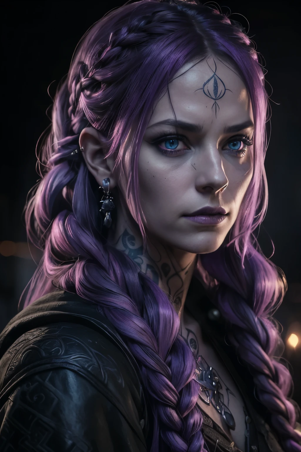 a dark soul witch, woman with long braided hair, purple and pink hair, piercing blue eyes, runes tattoos, (best quality,4k,8k,highres,masterpiece:1.2),ultra-detailed,(realistic,photorealistic,photo-realistic:1.37),intricate detailed portrait, dark fantasy, dramatic lighting, moody atmosphere, cinematic composition