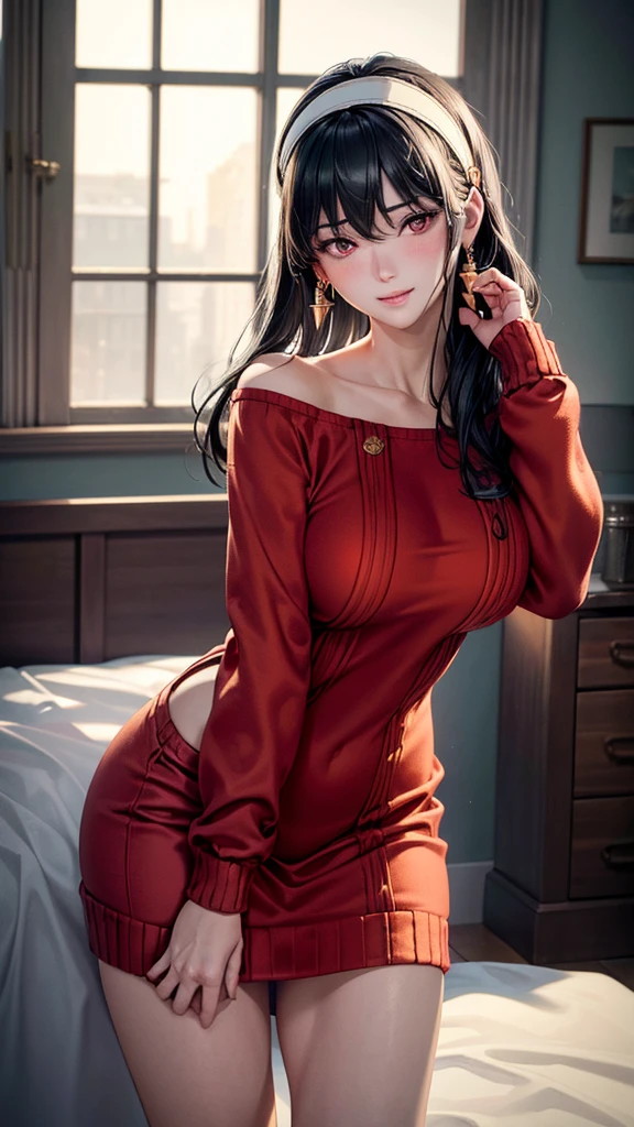 (masterpiece, Highest quality:1.3), (Super detailed:1.4),(Super detailed顔:1.2),(Super detailed目:1.2), (hyperRealistic:1.3), (RAW Photos:1.2), High-definition RAW color photos, Professional photos, (PhotoRealistic:1.4), (Realistic:1.4),8k,Professional Lighting, Perfect Anatomy, BREAK,(Big Breasts:1.6),(blush:1.2),(Bright smile:1.2),Yolfoger, High detail, Sharp focus, dramatic,dutch angle,Björf,Black Hair,Long hair short hair,White hair band,Kamimei,Leaning forward,Bring your face closer,Red eyes,Gold earrings,jewelry,Off the shoulder,(Red sweater:1.3),(Sweater Dress 1.3),Long sleeve,Black Pantyhose,Luxury bedroom,(thong:1.2),(Sexy pose 1.9)