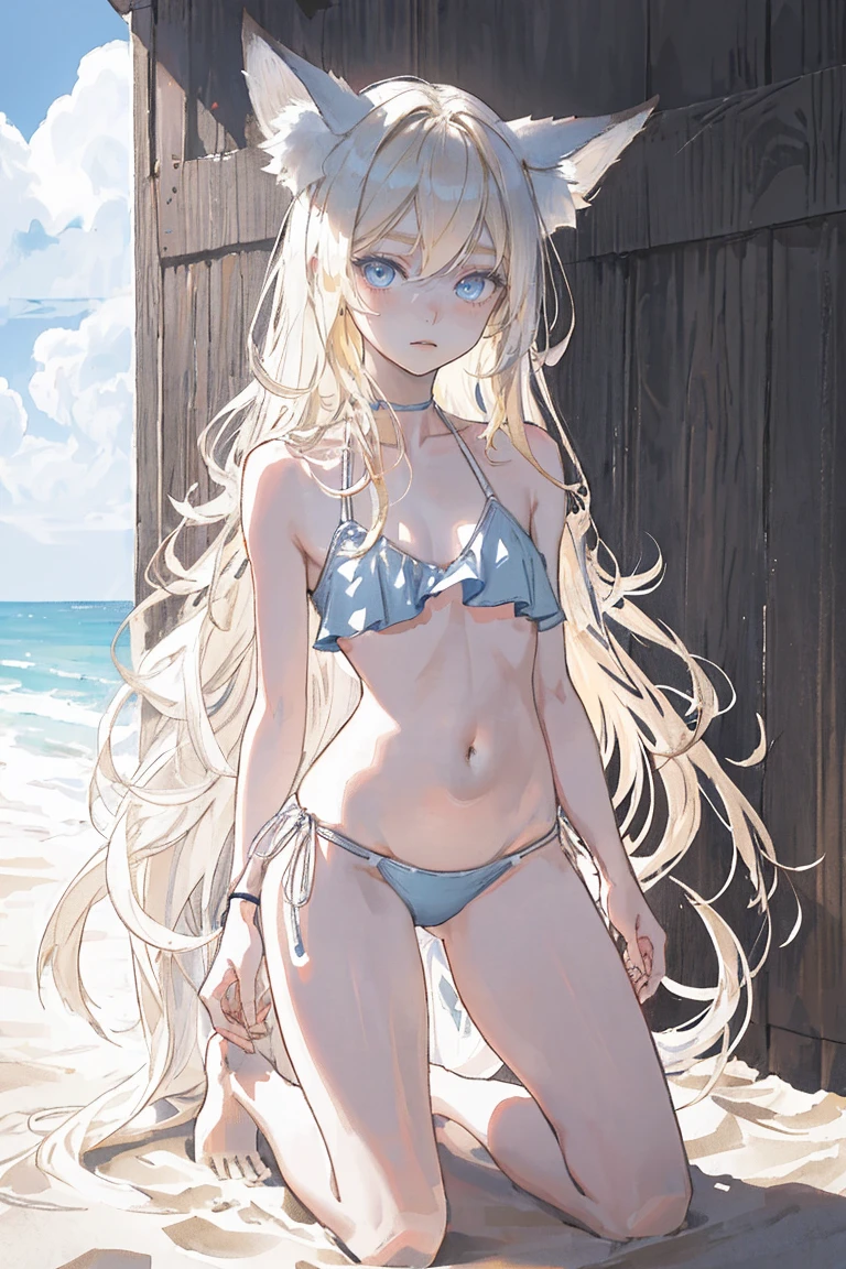 beautiful 1 girl, whole body, adolescent, Alone, (very long blonde hair to the waist, straight, by rubio: 1.28), ((light blue eyes)), clear skin, (big dark fox ears: 1.35), pale skin, medium breasts, neckline, (thin hips, thin waist , athletic body: 1.25), bottom, looking away, (usando Alone un bikini: 1.5), groping the chest, kneeling in the sand, Masterpiece, Best Quality,trabajo de renderizado 2D ,3DMM style, close up, portrait, 2D,
