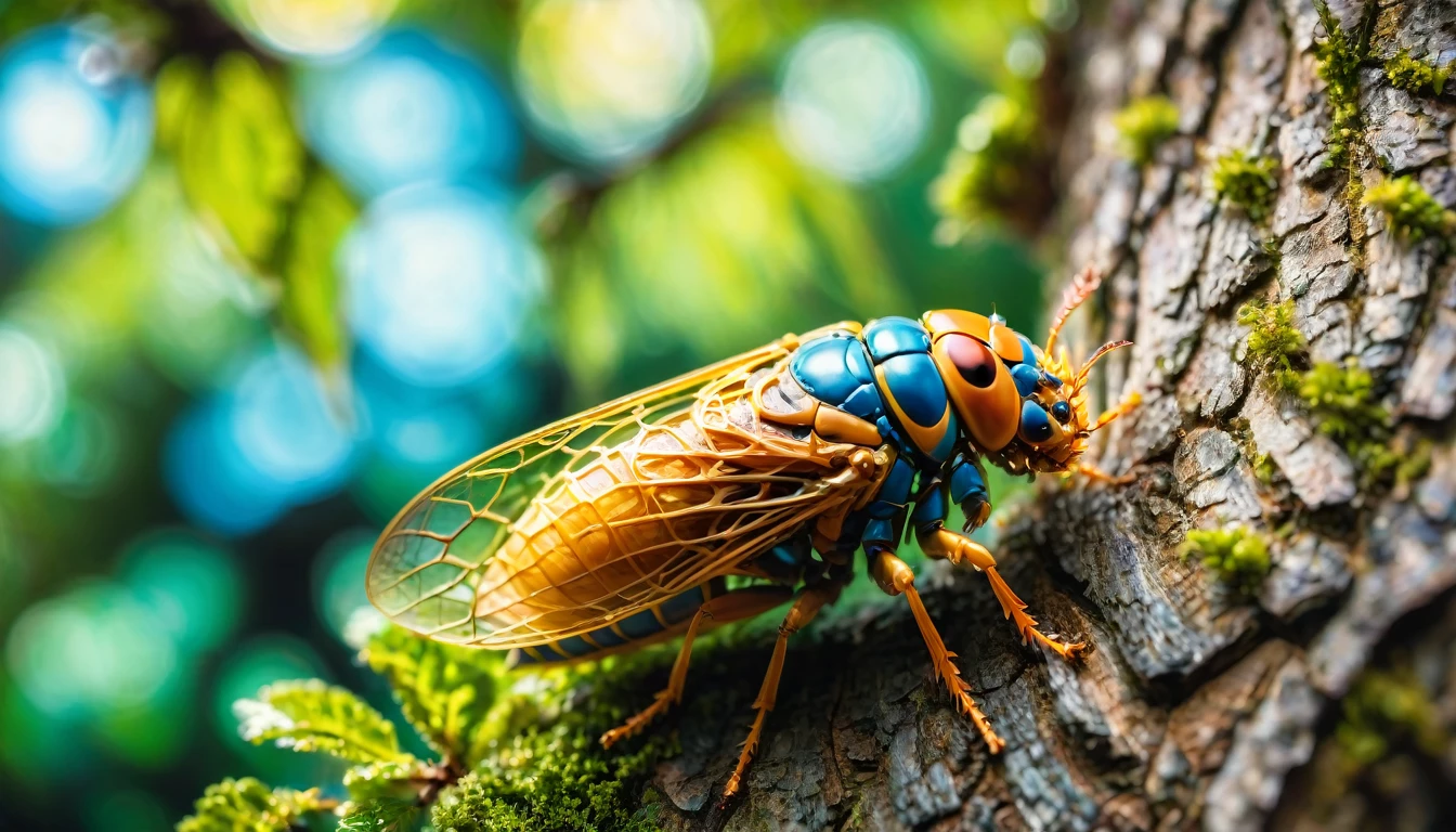 "Close-up of a cicada shell on the trunk of a tree, the background gradually blurring into a bokeh of summer festival lights"