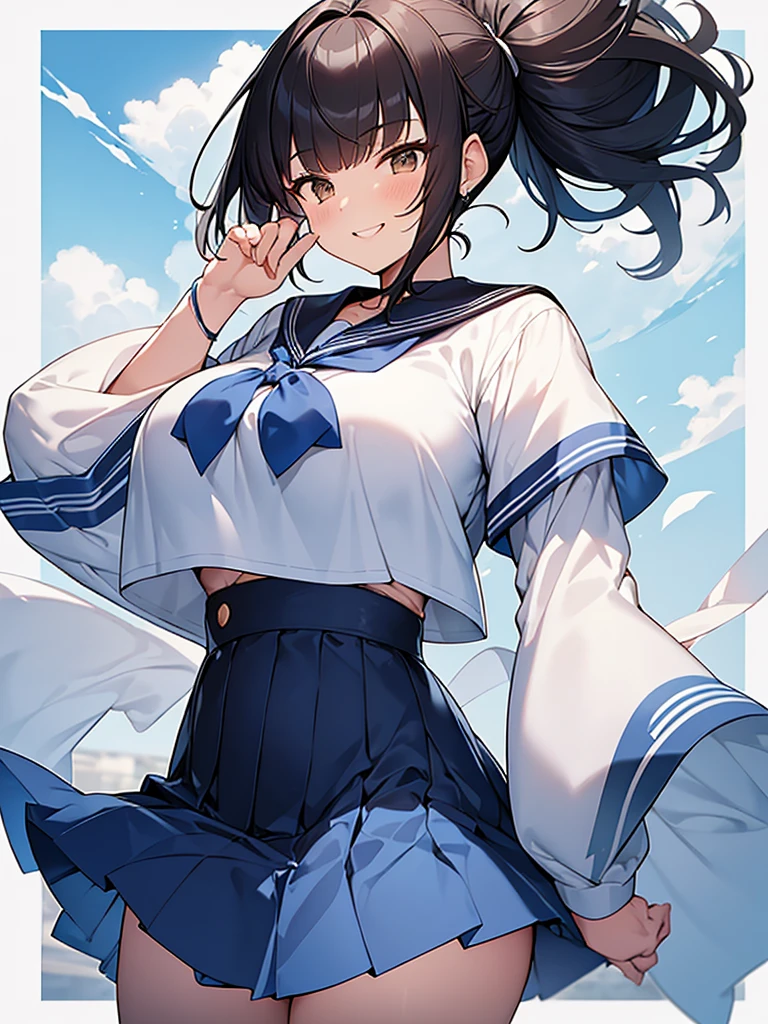 Big breasts, dignified smile, loud laughter, Do々Standing tall woman:1.9 Composition seen from below White summer sailor uniform Navy blue skirt Spirit Short black hair Ponytail:1.9 Straight hair Hair tie Sweep bangs to the side:1.9. Slanted eyes, brown eyes, tall, strong-willed, beautiful