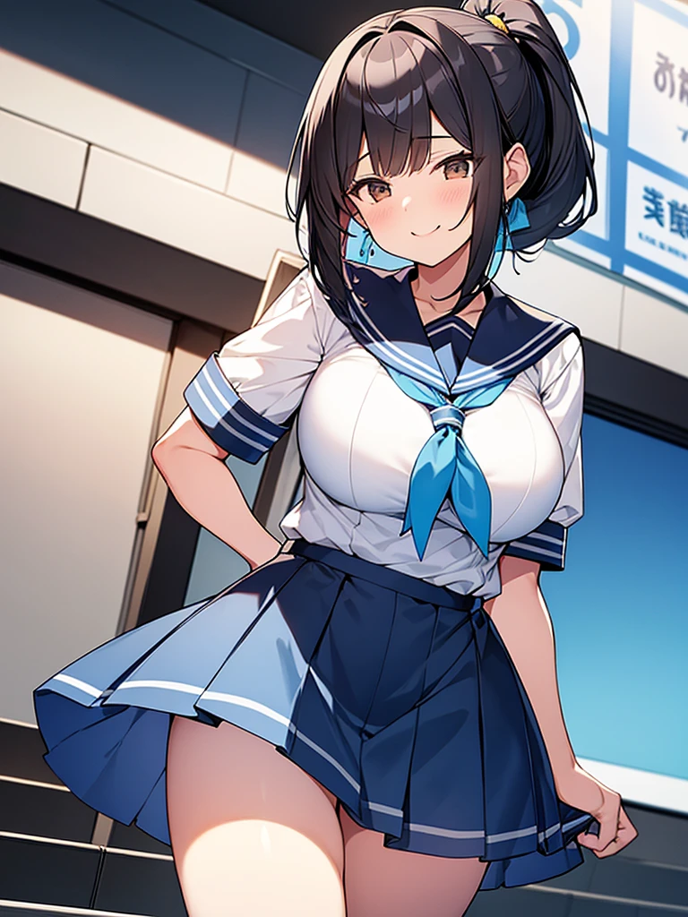 Big breasts, dignified smile, loud laughter, Do々Standing tall woman:1.9 Composition seen from below White summer sailor uniform Navy blue skirt Spirit Short black hair Ponytail:1.9 Straight hair Hair tie Sweep bangs to the side:1.9. Slanted eyes, brown eyes, tall, strong-willed, beautiful