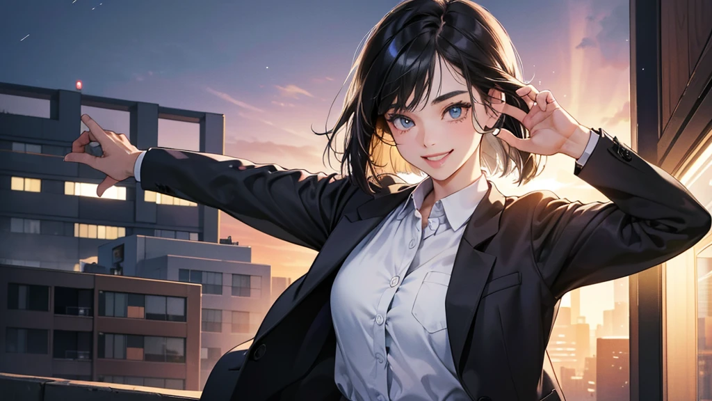(perfect anatomy:1.2)(absurdres, highres, ultra detailed),masterpiece,best quality,high resolution,8k,Realistic face,Realistic skin texture,magnified textures, stunning clarity,detailed anime girl,(ultra detailed eyes and face),(1 girl:1.5)21years old,she is office worker,,smile:1.2,black hair, bob cut,natural make,grey jacket,grey pants,black brouse,sparkling eyes.small nose,roundface,just left the office when it was time to leave,night,bussines district,she is walking,(looks happy:1.5),feeling freedom,(smile:1.5),look at viewer,upper body