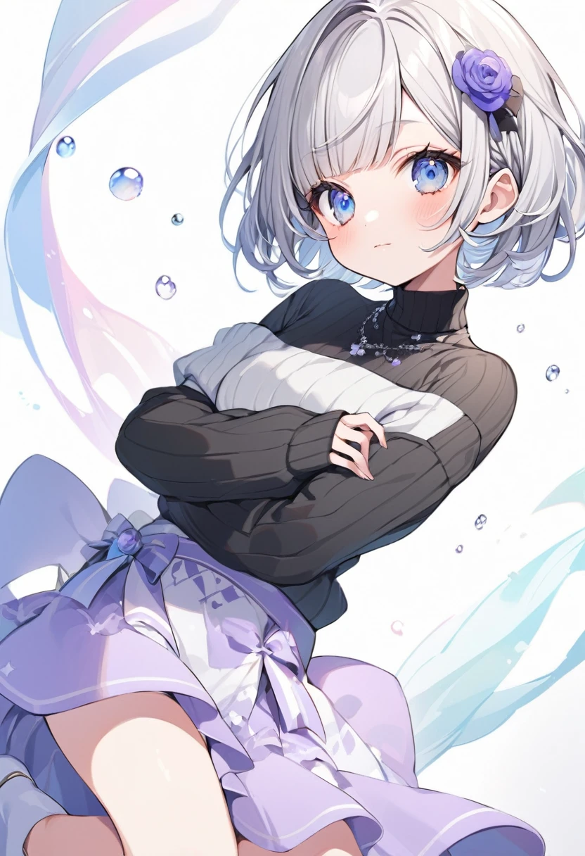 The person in the image appears to be a VTuber, an online content creator using the Sumire Haname virtual avatar. Her features, including her clothing, are as follows: Hair: Short silver hair with bangs. Eyes: Large blue eyes with a slightly closed, gentle expression. Clothing: Black short-sleeved sweater. Background White background: Cute and elegant short bob VTuber.
1 Full Length