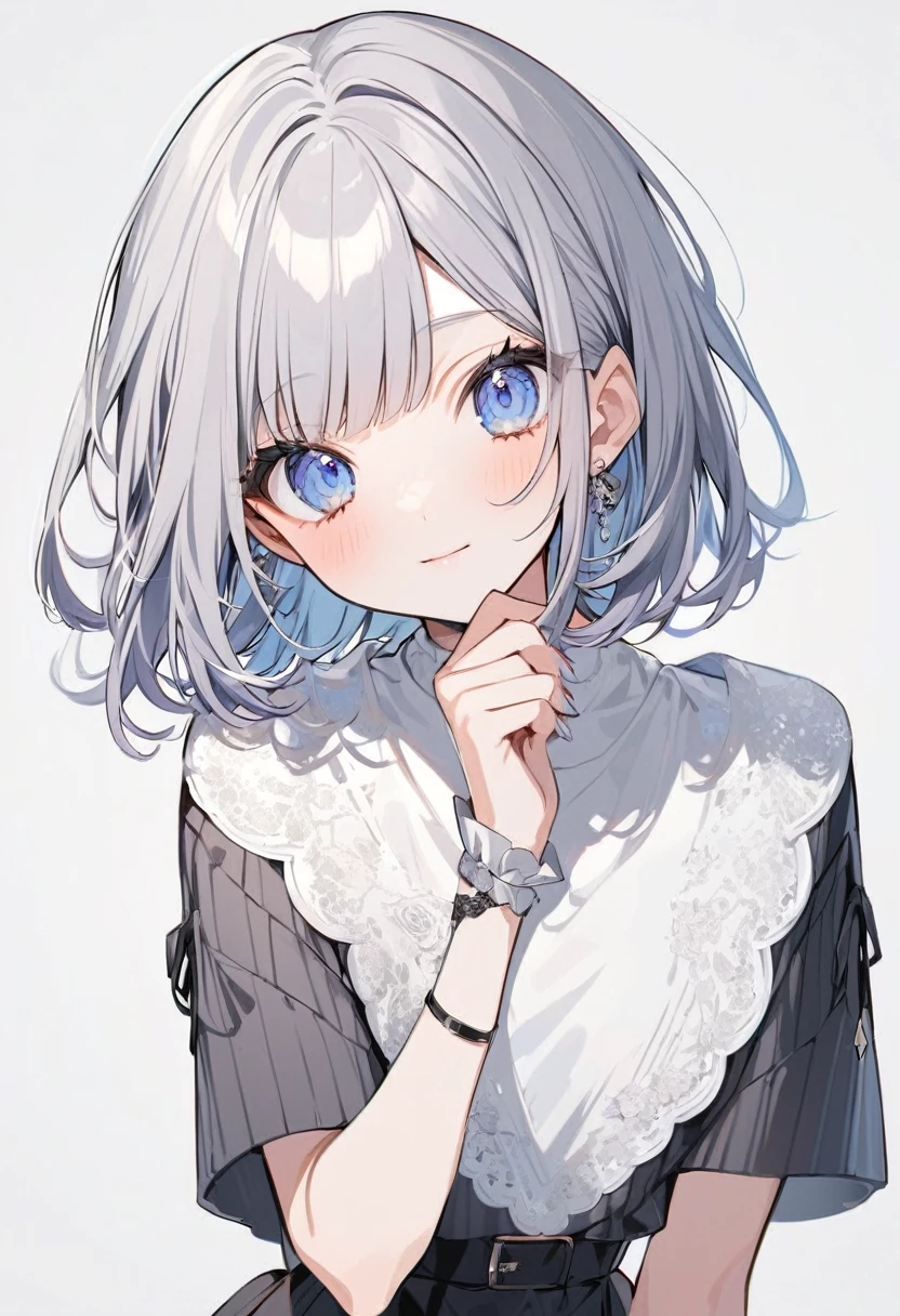 The person in the image appears to be a VTuber, an online content creator using the Sumire Haname virtual avatar. Her features, including her clothing, are as follows: Hair: Short silver hair with bangs. Eyes: Large blue eyes with a slightly closed, gentle expression. Clothing: Black short-sleeved sweater. Background White background: Cute and elegant short bob VTuber.
1 Full Length