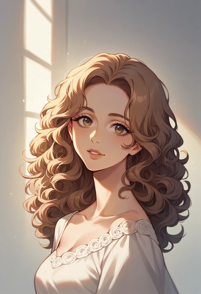 hazel eyed girl, long light brown curly hair, beautiful, beautiful