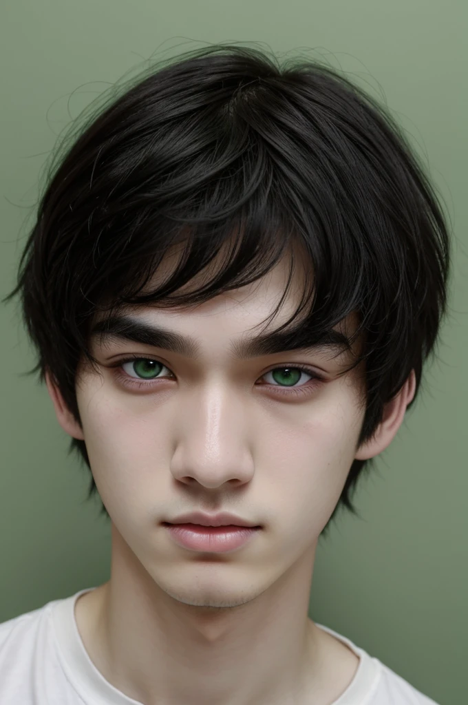 Messy black hair + Pale skin + green eyes + unnoticeable eye bags + Full lips + Straight nose + Long,  eyelashes + guy