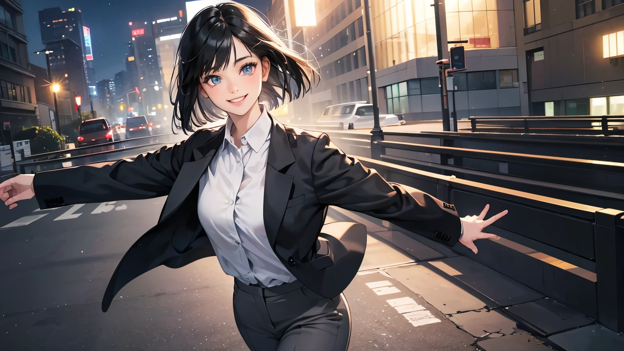 (perfect anatomy:1.2)(absurdres, highres, ultra detailed),masterpiece,best quality,high resolution,8k,Realistic face,Realistic skin texture,magnified textures, stunning clarity,detailed anime girl,(ultra detailed eyes and face),(1 girl:1.5)21years old,she is office worker,,smile:1.2,black hair, bob cut,natural make,grey jacket,grey pants,black brouse,sparkling eyes.small nose,roundface,just left the office when it was time to leave,night,bussines district,she is walking,(looks happy:1.5),feeling freedom,(smile:1.5),look at viewer