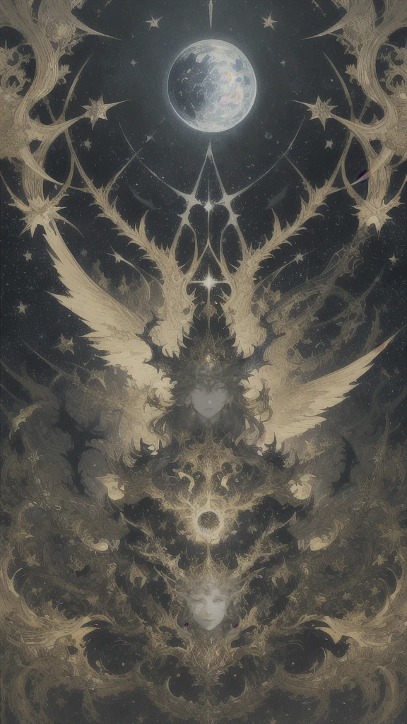 The golden queen of the stars. Alan Lee, Arthur Rackham, Stephen Gammel, dark fantasy, extremely detailed, detailed, mordvarg, perfect composition, intricate details, horror, ((floating)), dynamic pose, beautiful eyes, perfect composition, astral, ((action)), stars, eldritch, floating, milky way, space, ((yellow))