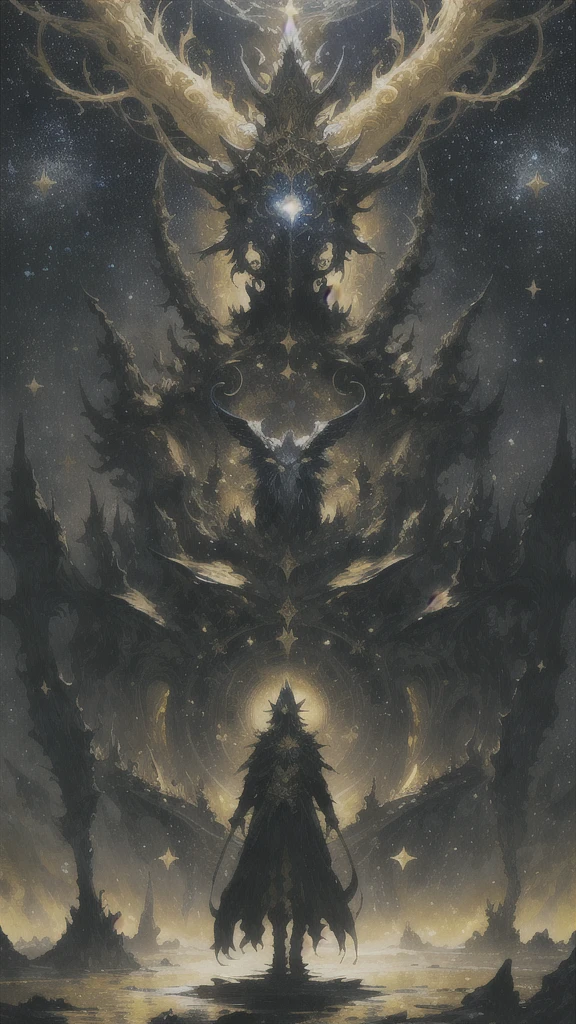 The golden queen of the stars. Alan Lee, Arthur Rackham, Stephen Gammel, dark fantasy, extremely detailed, detailed, mordvarg, perfect composition, intricate details, horror, ((floating)), dynamic pose, beautiful eyes, perfect composition, astral, ((action)), stars, eldritch, floating, milky way, space, ((yellow))