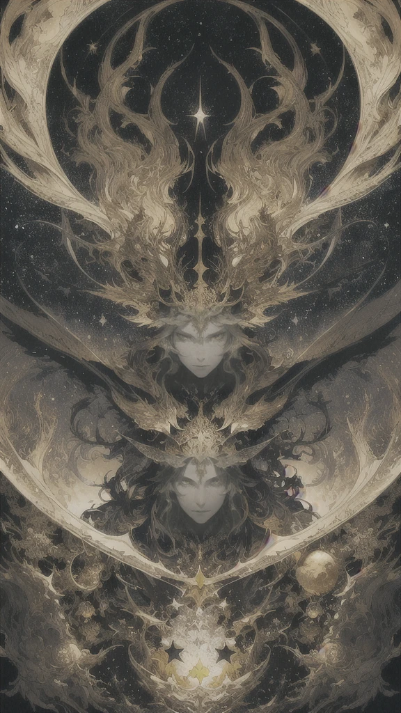 The golden queen of the stars. Alan Lee, Arthur Rackham, Stephen Gammel, dark fantasy, extremely detailed, detailed, mordvarg, perfect composition, intricate details, horror, ((floating)), dynamic pose, beautiful eyes, perfect composition, astral, ((action)), stars, eldritch, floating, milky way, space, ((yellow))