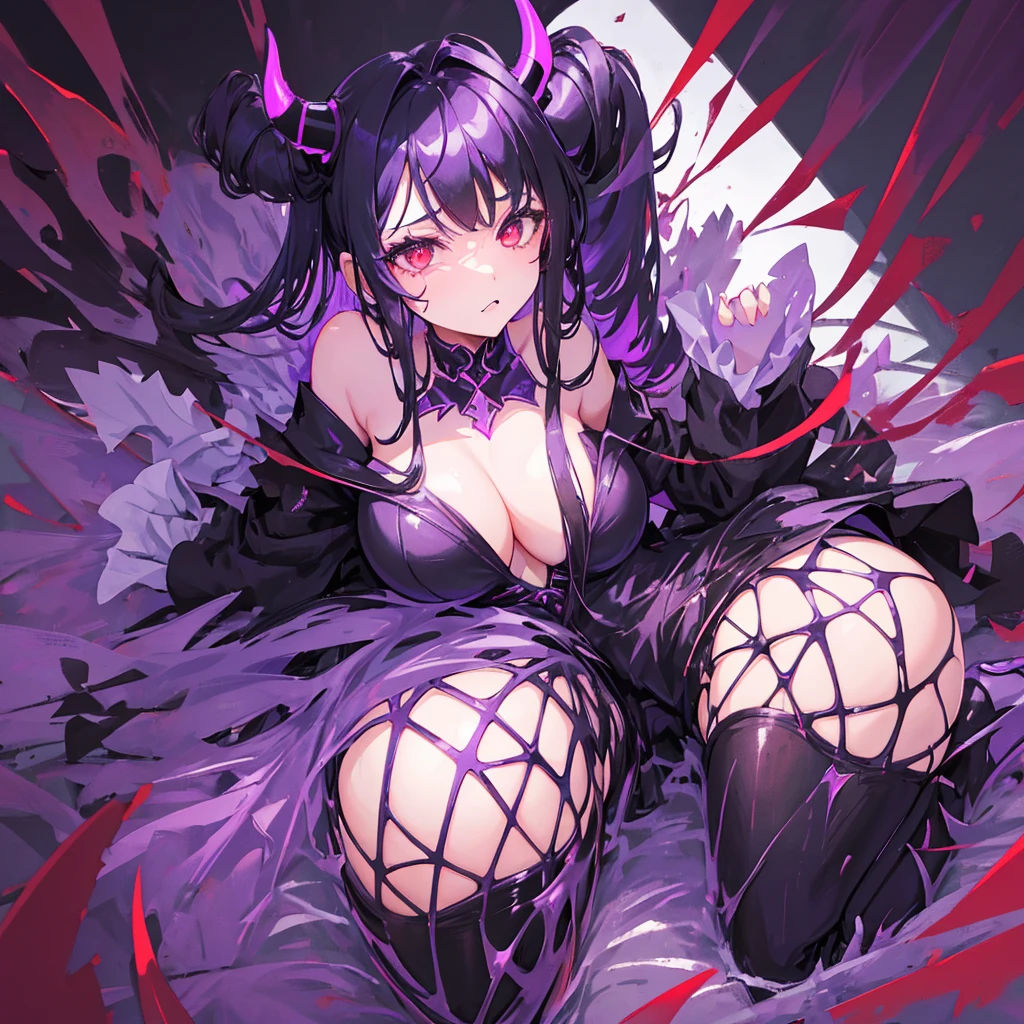 A demon girl with black horns on her head,Beauty,Black hair,Red eyes,Evil,Sexy,Big breasts,Beautiful figure,Left leg in black,Right leg bare,Black high heels,((Pure purple background))