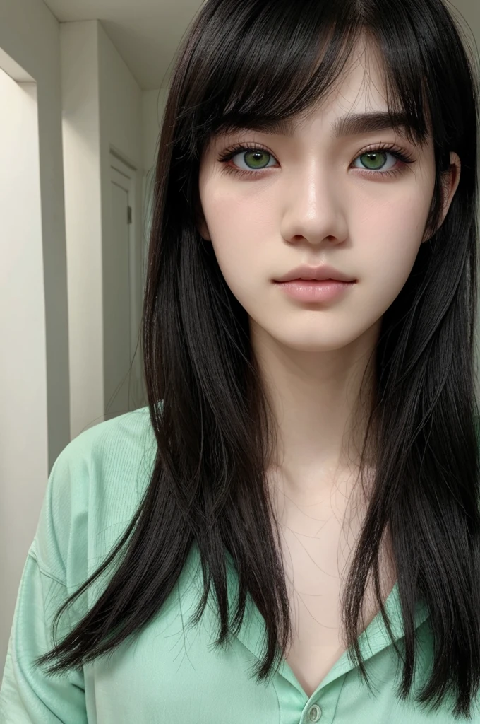 Messy black hair + Pale skin + green eyes + unnoticeable eye bags + Full lips + Straight nose + Long, eyelashes + guy