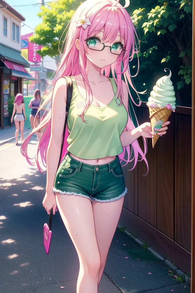 Laladevi Luke, Lara Deviluke, Long Hair, Pink Hair, tail, Ahoge, bangs, hair ornaments, (Green Eyes:1.5), smile,Open your mouth,demon tail, Tank top,Shorts,Heeled Sandals,Black-rimmed glasses,Holding ice cream in one hand,Eating ice cream,Walking,noon,Clear skies,True Summer,Sweat,whole bodyがイラストに入るように,
break outdoors, In town,
break looking at viewer, whole body,
break (masterpiece:1.2), Highest quality, High resolution, unity 8k wallpaper, (figure:0.8), (beautiful detailed eyes:1.6), extremely detailed face, Perfect lighting, extremely detailed CG, (Perfect hands, Perfect Anatomy),