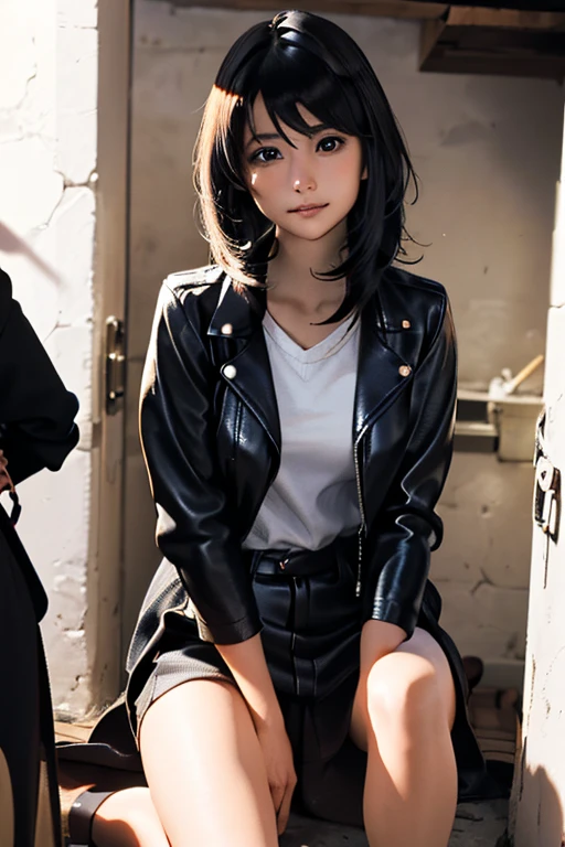 Highest quality　High resolution　Simple　Remainsの様なDungeons　RemainsDungeons　Long bangs　Adult female　Adventurer Girl　Loose expression　cute　smile　Leather jacket　Beautiful Eyes　One Woman　Long side hair　Very black hair　Shiny long hair　Straight hair　Ahoge　cute目　Remains　Dungeons　Underground maze　head to feet