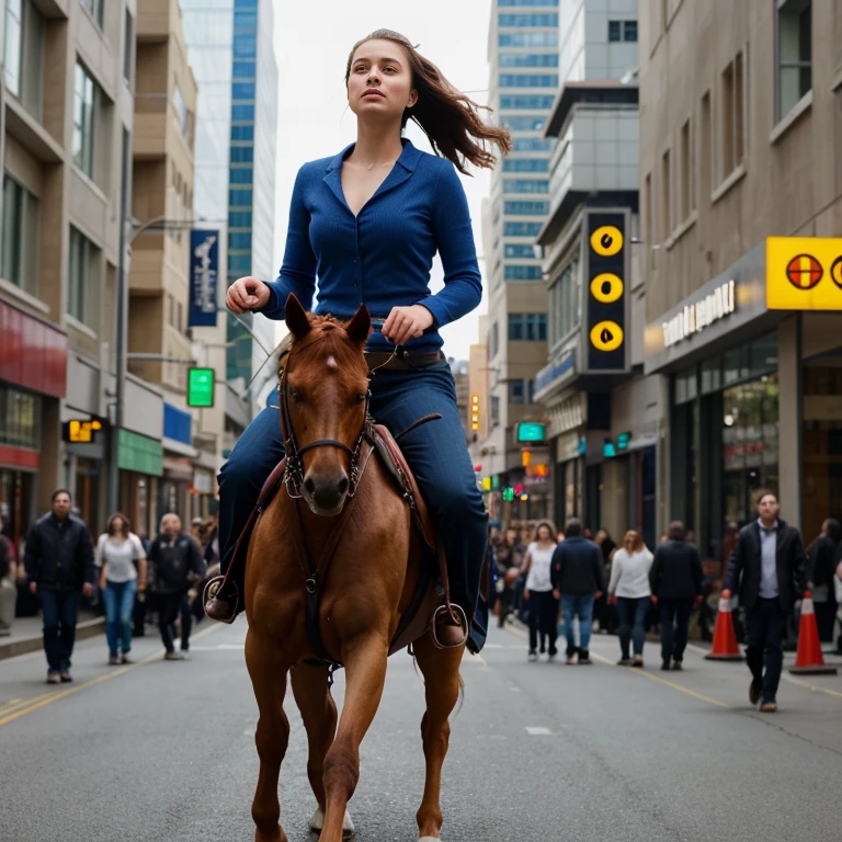 An armed woman riding a saddle dog in a busy city, ultra realistic 8k image