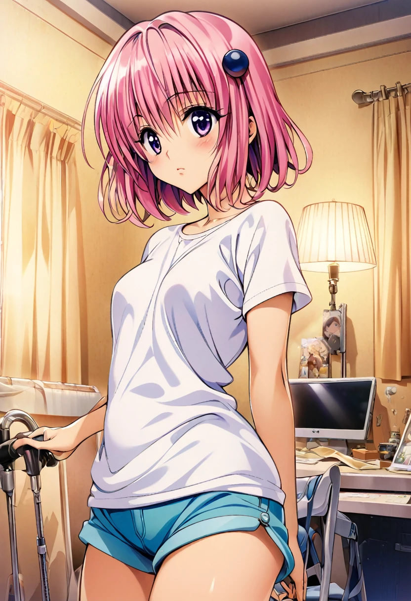 masterpiece, highest quality, Detailed face, Beautiful and detailed eyes, Beautiful Face, Perfect body, Official Art, grand plix award illustration, Professional Lighting,One girl, momo beria deviluke,pink short hair,purple eyes,hair ornament,shirt,shorts,room,Style of Yabuki Kentaro, To Love-Ru art style,