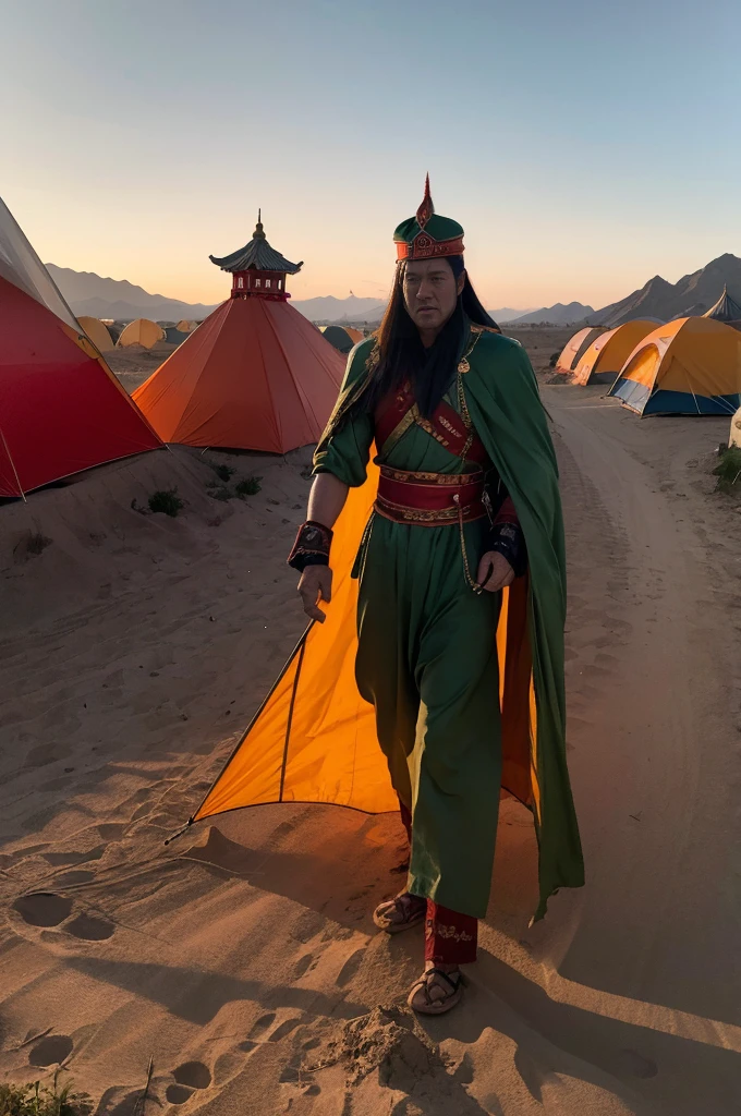 Landscape of China，（Vision） ，Outside the tent，Sunset，A general in battle robes walks alone，Surrounded by neatly arranged tents and soldiers
