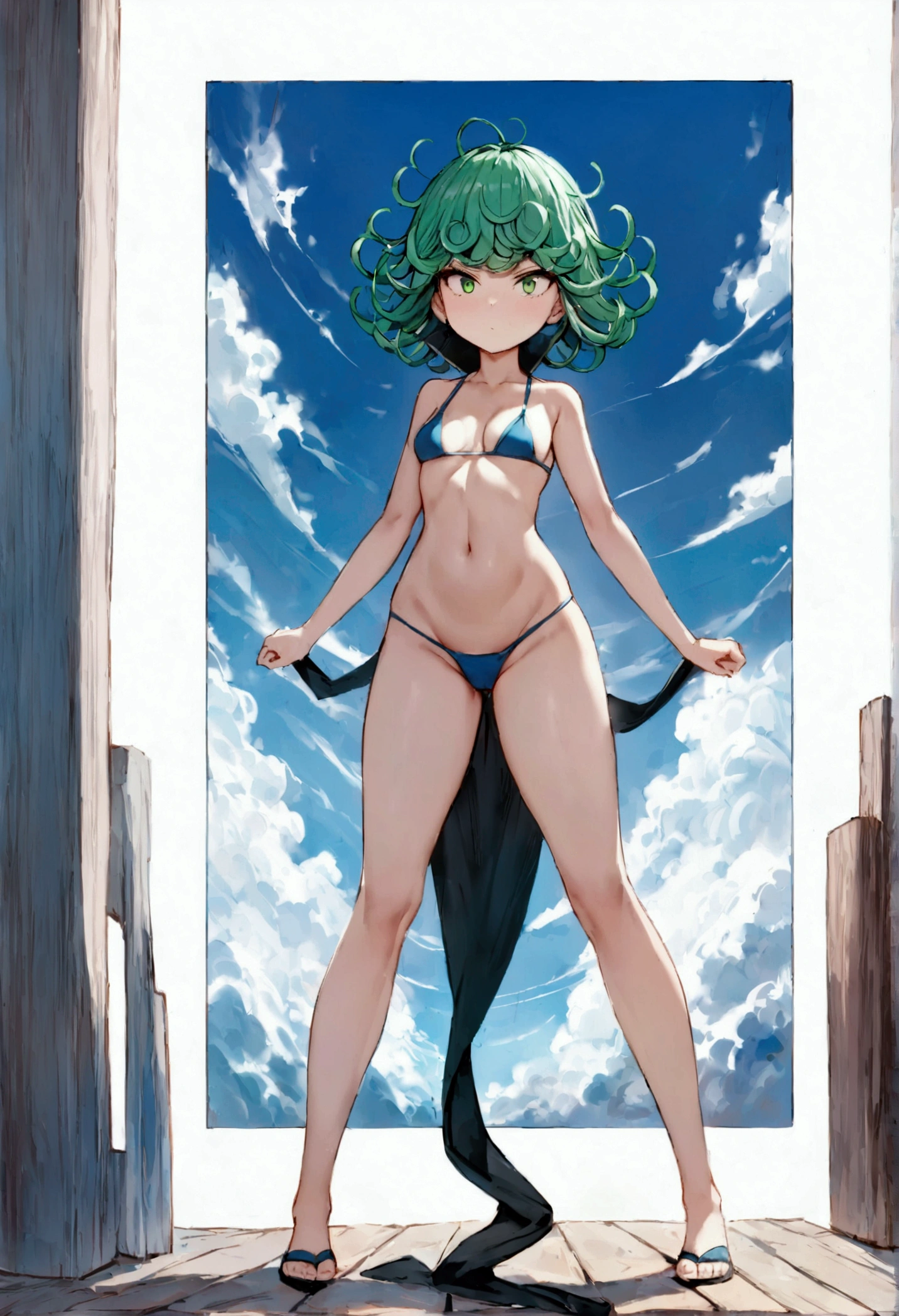 (work of art, best qualityer: 1.2), standing alone, 1 girl, tatsumaki, Lewd, cloused mouth, looking ahead at viewer, in this, Broad Hips, short bikini, standing, legs spread open, blue sky, humor, full body photo, medium breasts